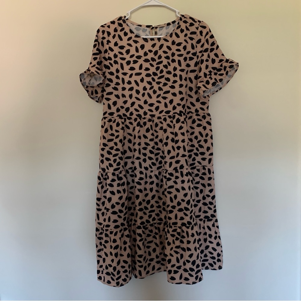 Women’s Small AMAZON Tan Black Spotted Animal Print Midi Tiered Dress